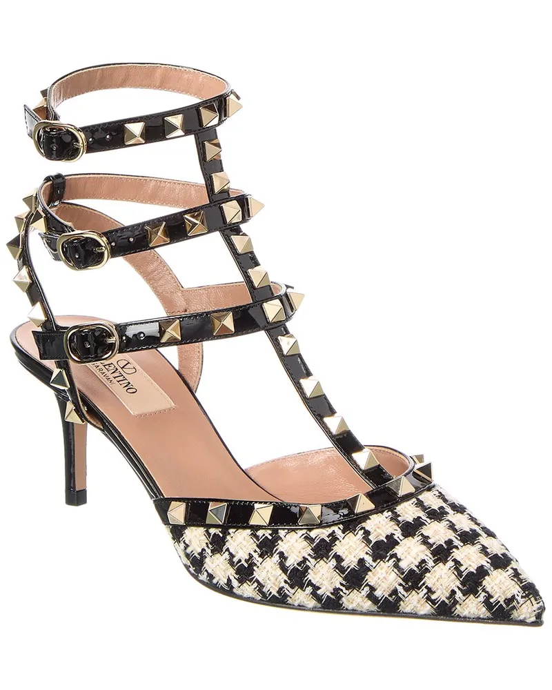 Valentino Garavani Rockstud Caged 65 Tweed & Patent Ankle Strap Pump Black
