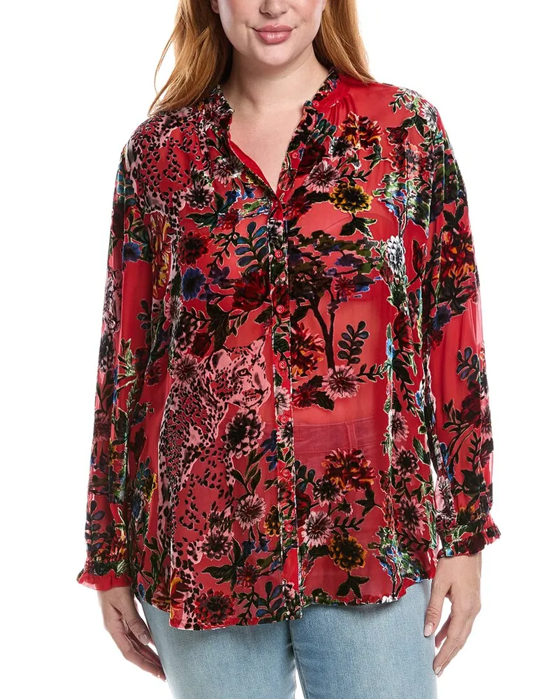 Johnny Was Yoella Burnout Silk-Blend Tunic Red