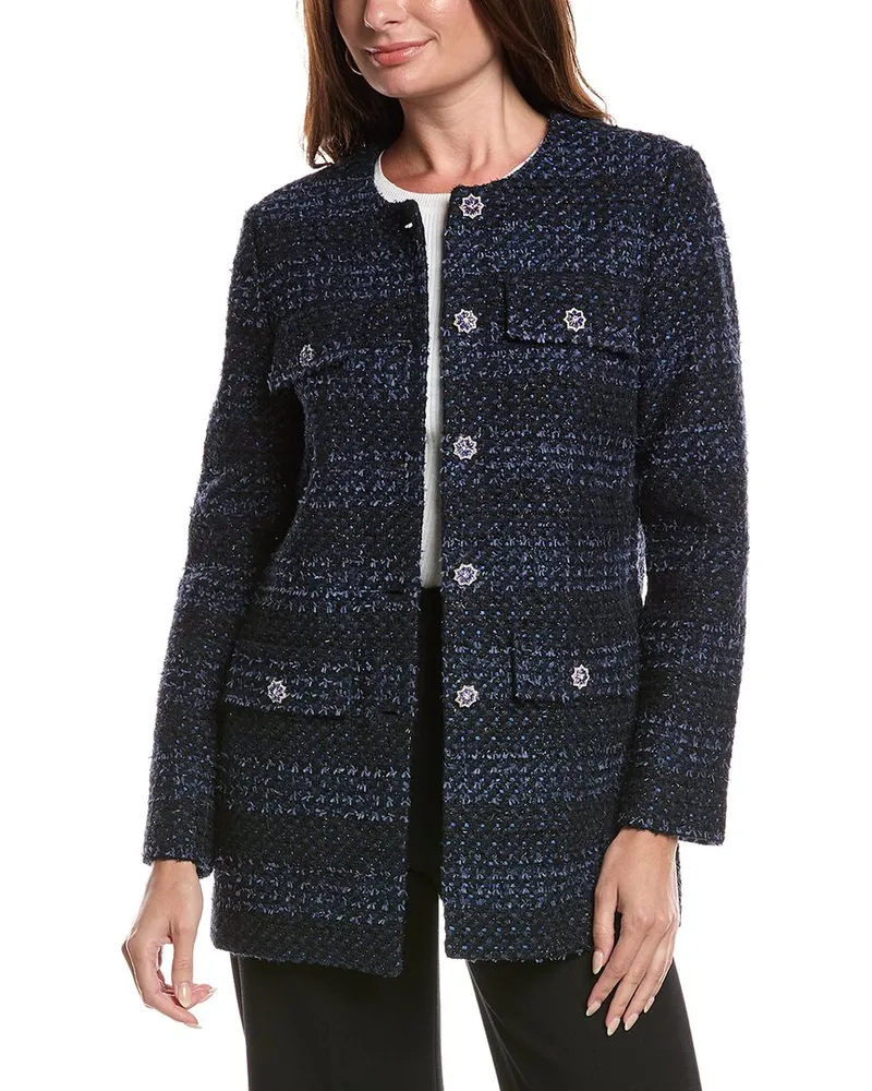 ST. JOHN Eyelash Tweed Wool-Blend Topper Jacket Blue