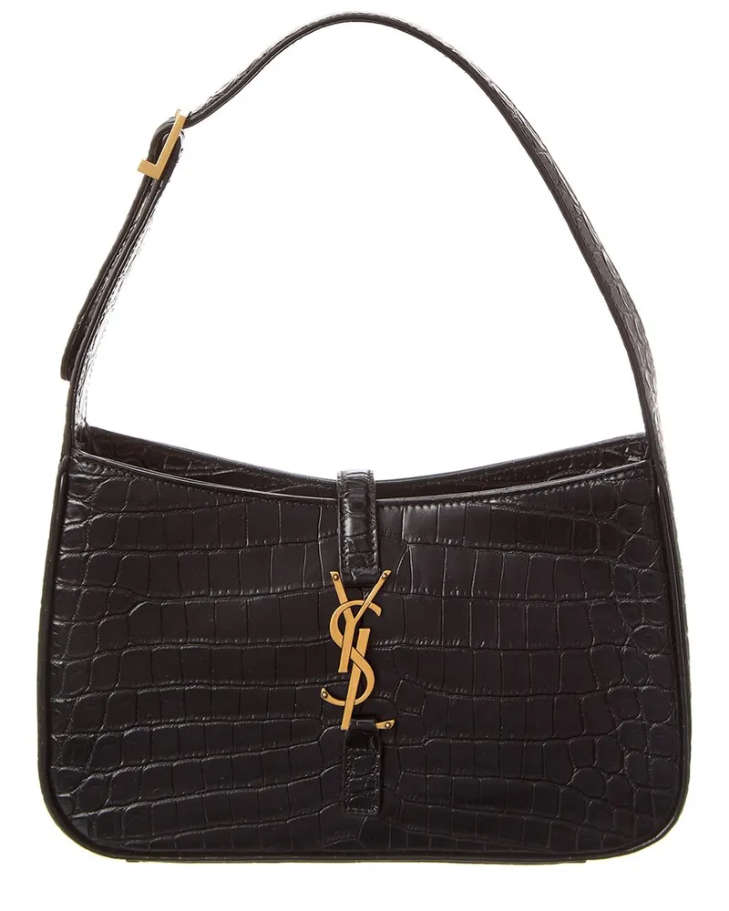 Saint Laurent Le 5 A 7 Croc-Embossed Leather Hobo Bag Black