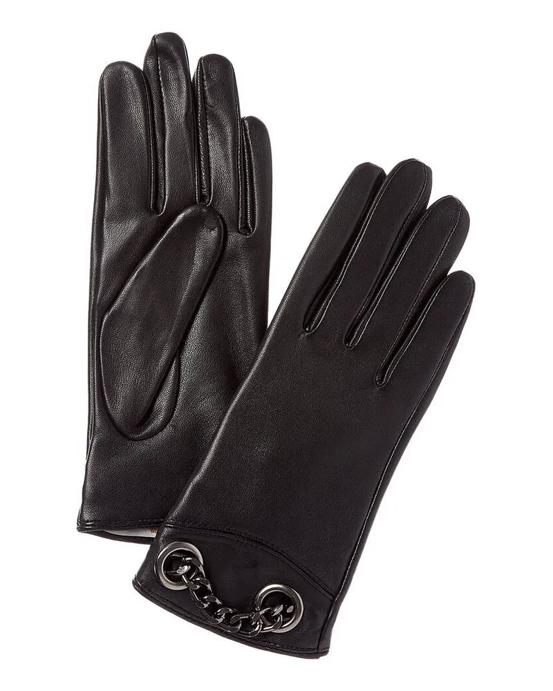 Bruno Magli Chain Cuff Cashmere-Lined Leather Gloves Black