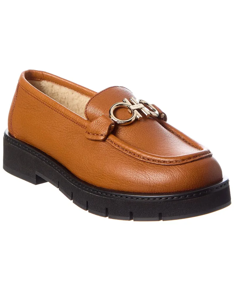 Ferragamo Rolo Lug Leather & Shearling Loafer Brown