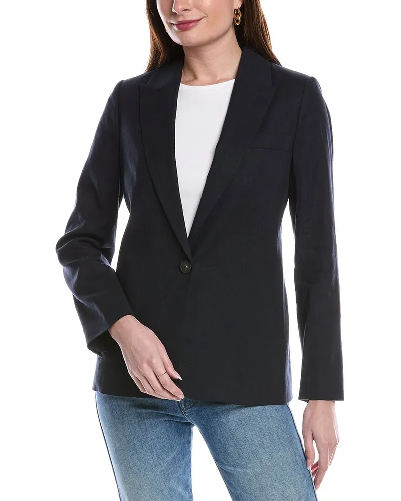 Vince Single-Breasted Linen-Blend Blazer Blue