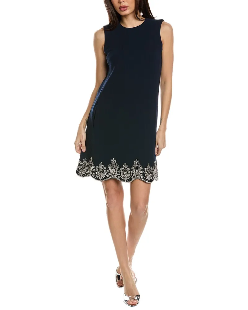 Oscar de la Renta Sleeveless Crystal Scallop Embellished Silk-Lined Wool-Blend  Shift Dress Blue
