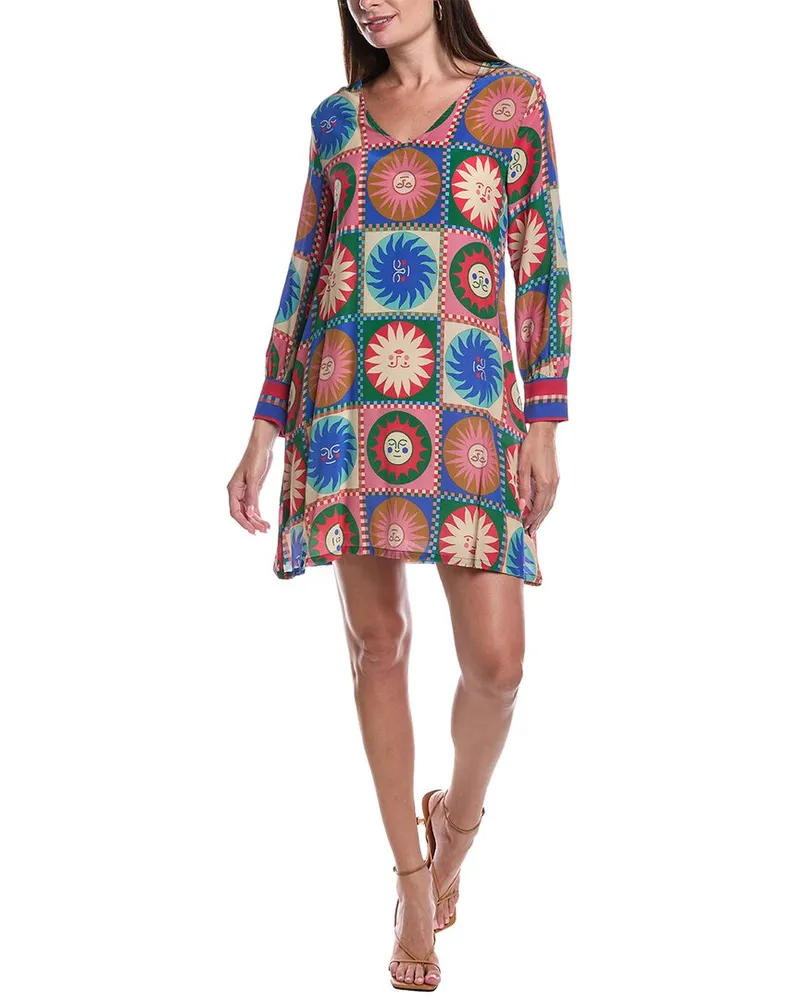 Johnny Was V-Neck Silk Swing Dress Blue