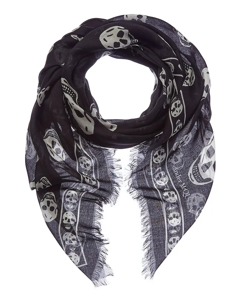 Alexander McQueen Skull Silk-Blend Fringed Scarf Black