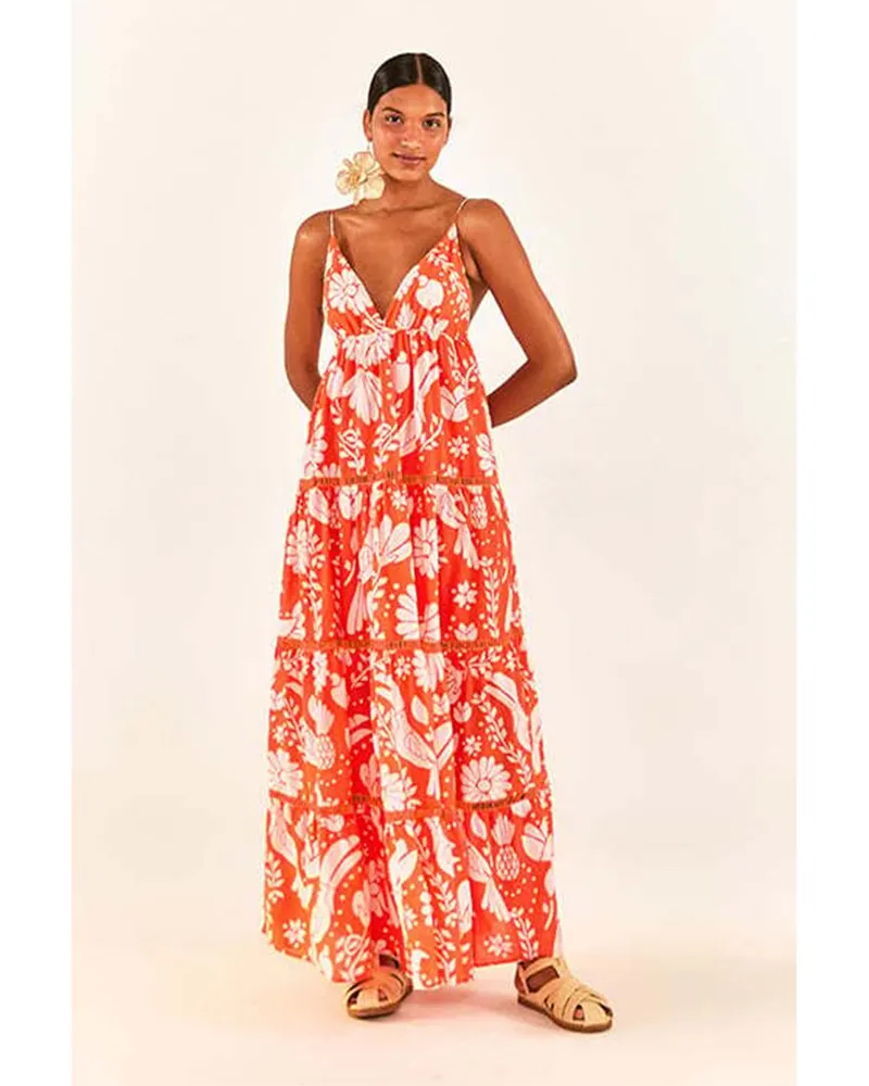 FARM Rio Orange Neon Jungle Tiered Maxi Dress Orange