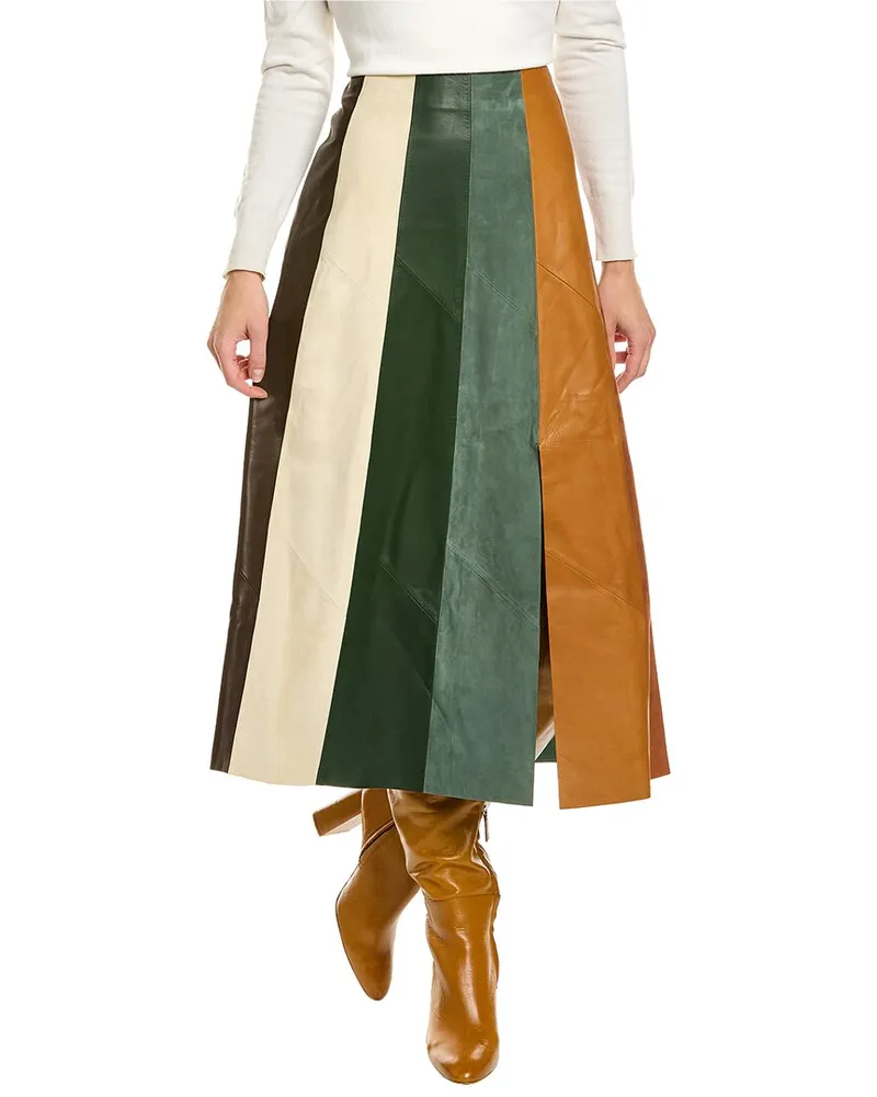 Ferragamo Paneled Multicolor Leather & Suede Midi Skirt Nocolor