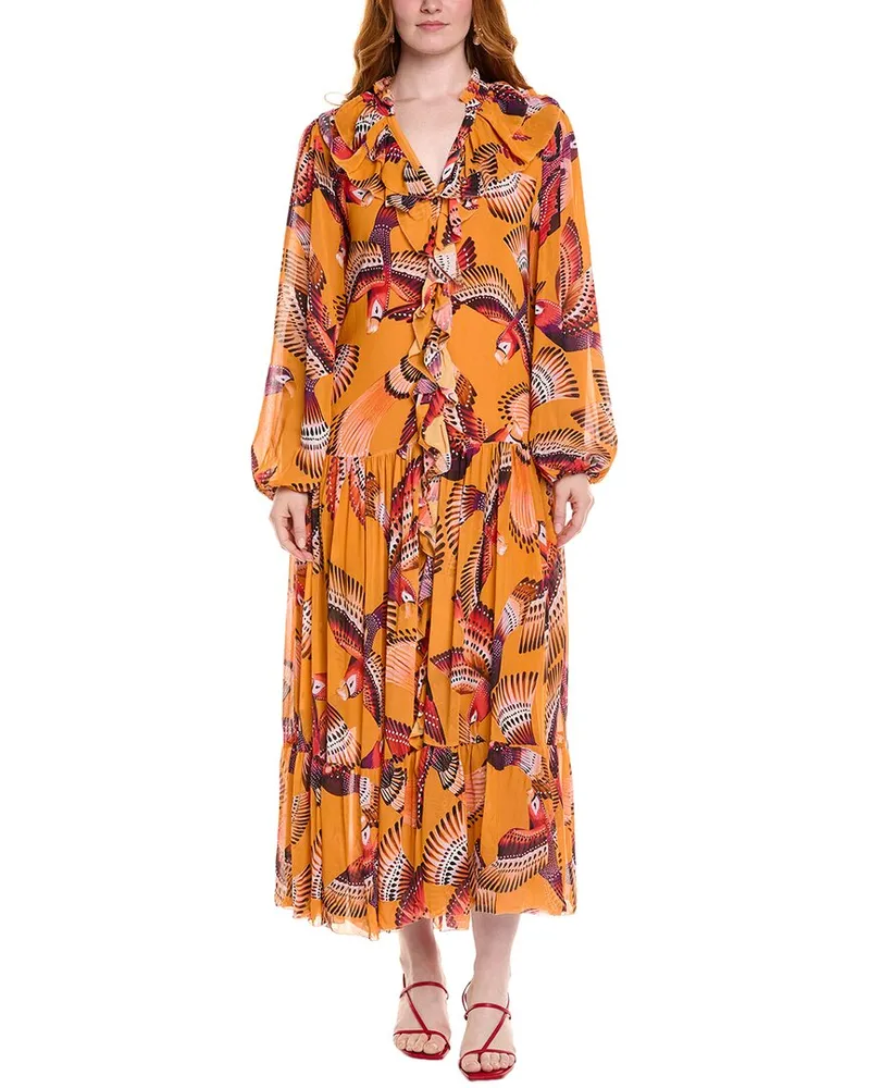 FARM Rio Flying Macaw Midi Dress Orange