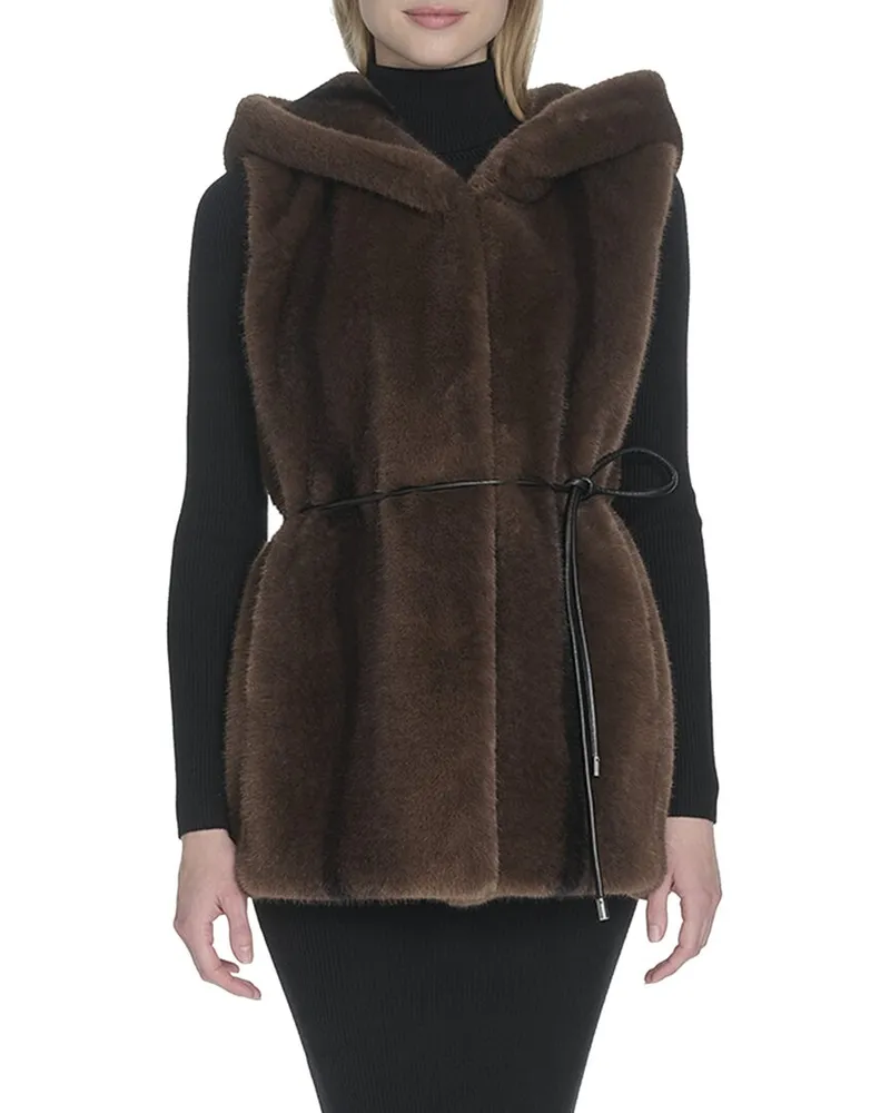 COLE HAAN Faux Mink Belted Vest Brown