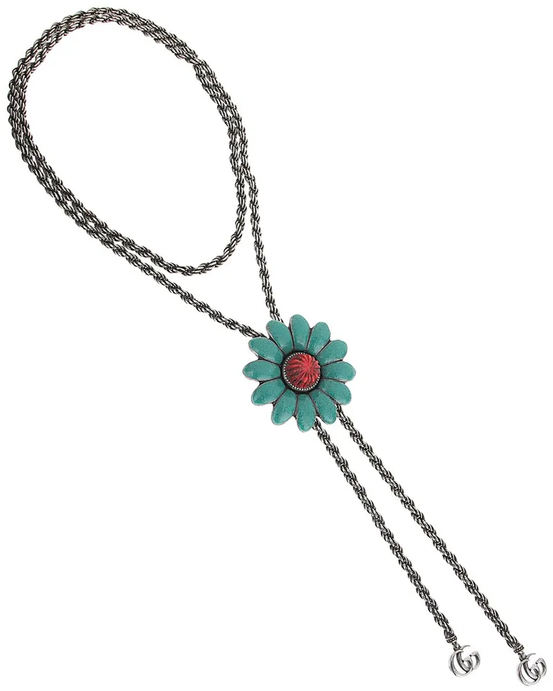 Gucci Silver Enamel Rope Flower Bolo Tie Necklace Nocolor