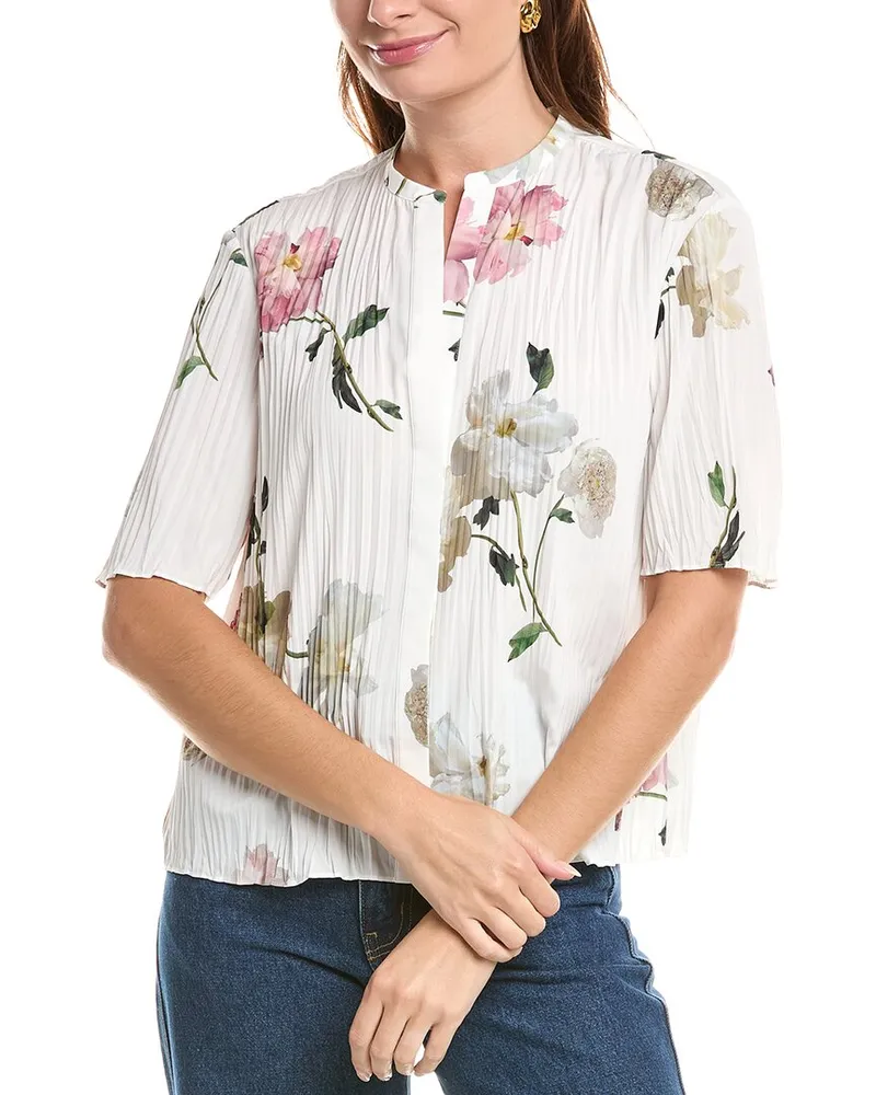 Vince Wilted Peony Pleated Band Collar Shirt White