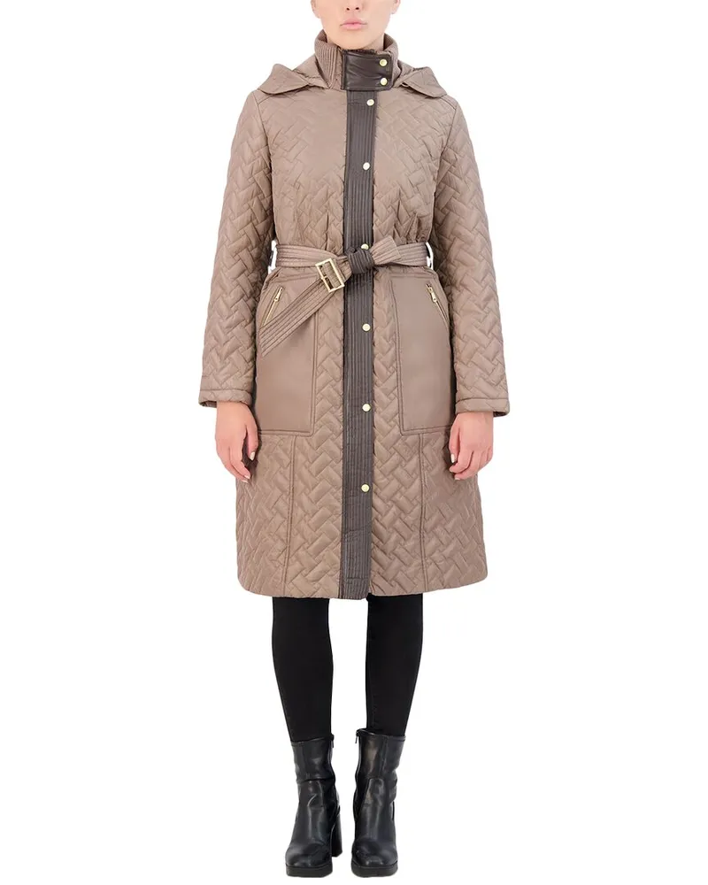 COLE HAAN Signature Quilted Belted Coat Tan