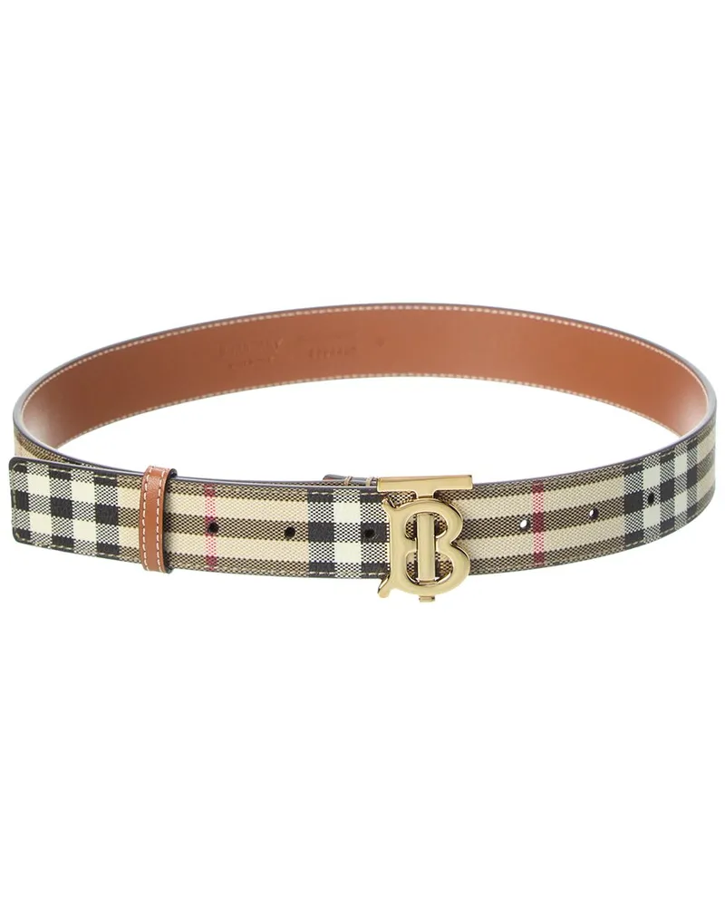 Burberry Check TB E-Canvas & Leather Belt Beige