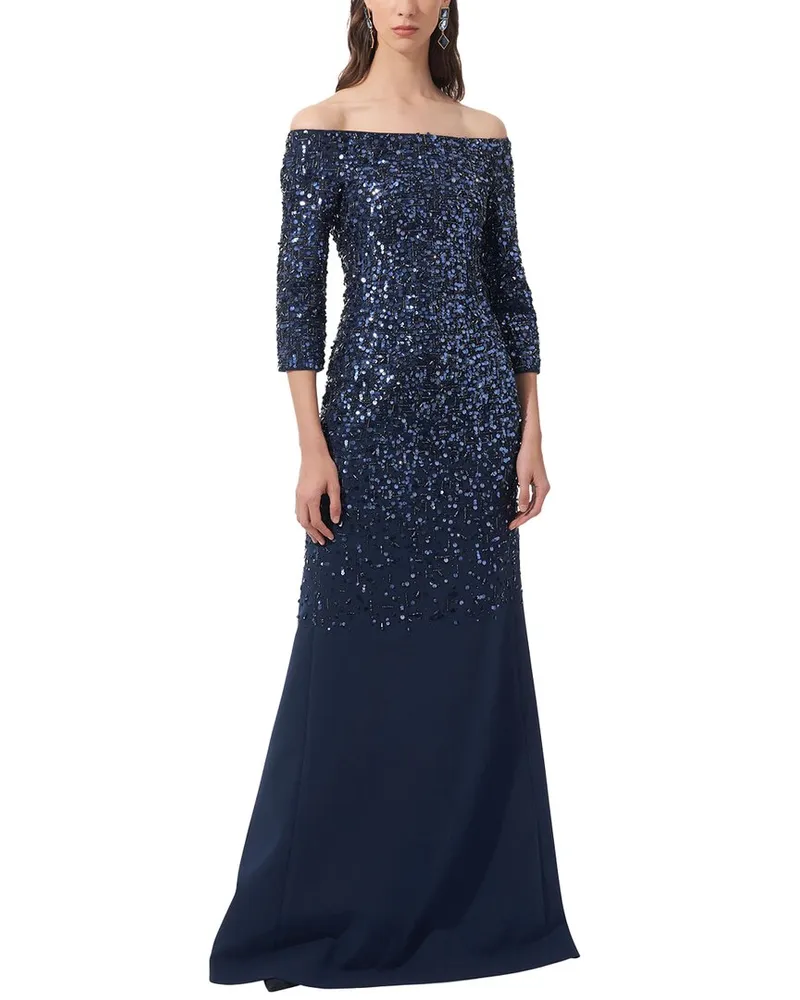 Carolina Herrera New York Embellished Off-Shoulder Flare Gown Blue