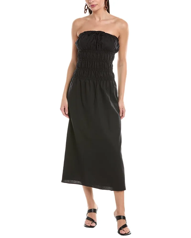 Onia Air Smocked Linen-Blend Midi Dress Black