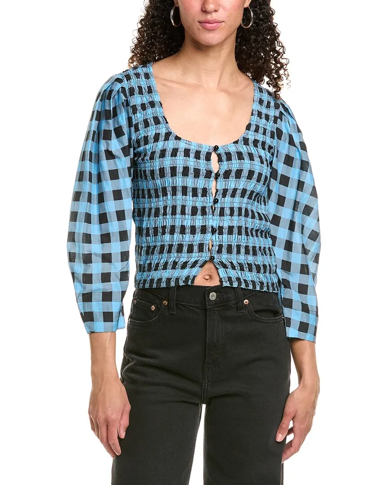 Ganni Smocked Silk-Blend Blouse Blue