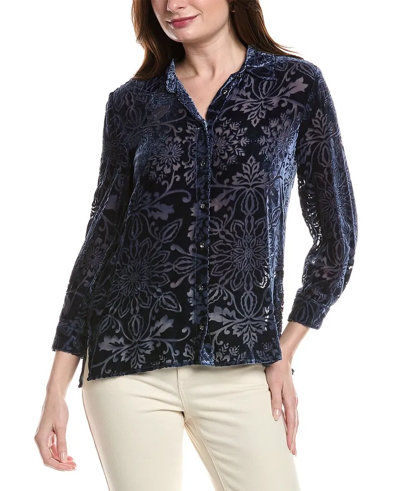 Johnny Was Petite Misty Burnout Velvet Silk-Blend Shirt Blue