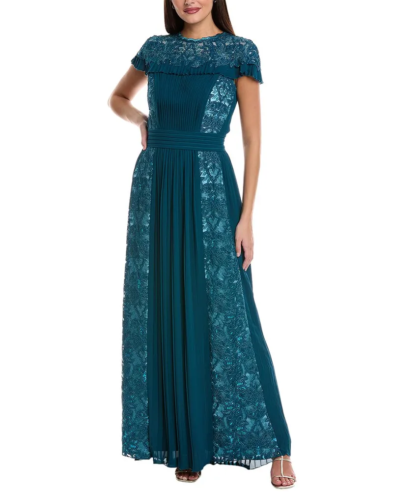 Tadashi Shoji Pleated Lace Panel Gown Green