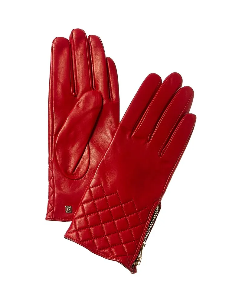 Bruno Magli Diamond Quilted Cashmere-Lined Leather Gloves Red