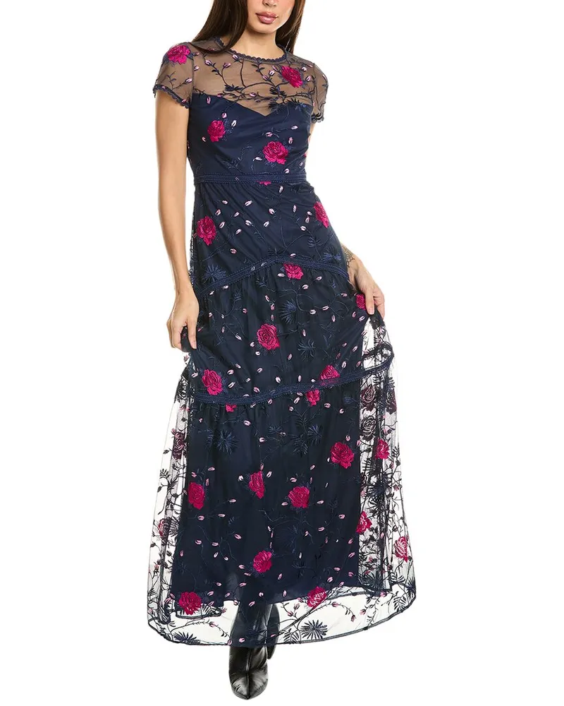 Monique Lhuillier Embroidered Tulle Gown Blue