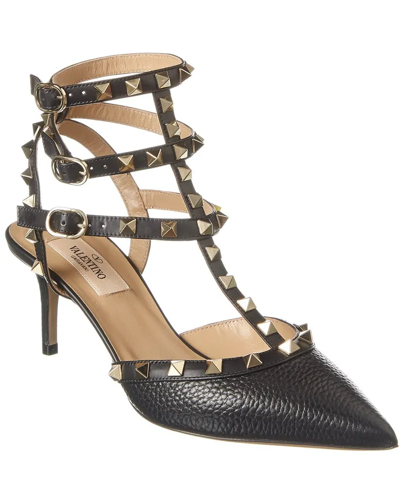 Valentino Garavani Rockstud Caged 65 Grainy Leather Ankle Strap Pump Black