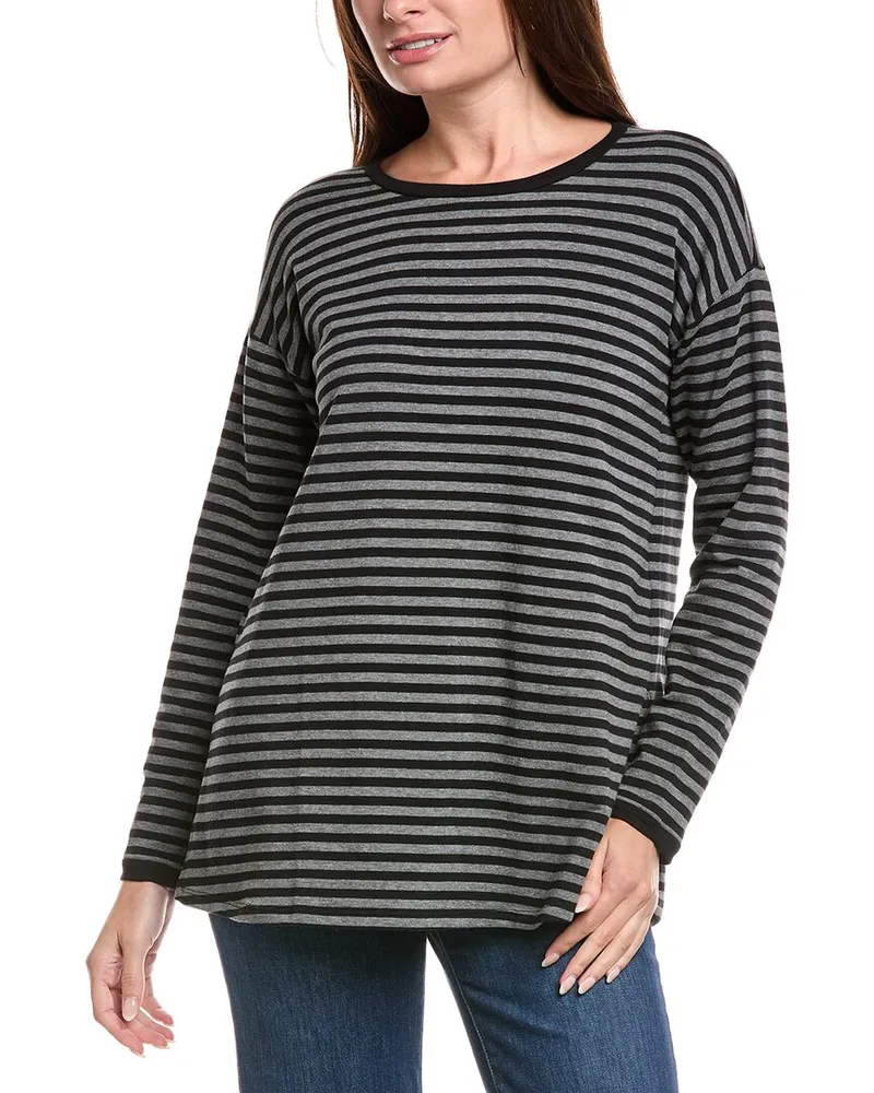 Eileen Fisher Petite Striped Cozy Brushed Terry Hug Long Box Top Black