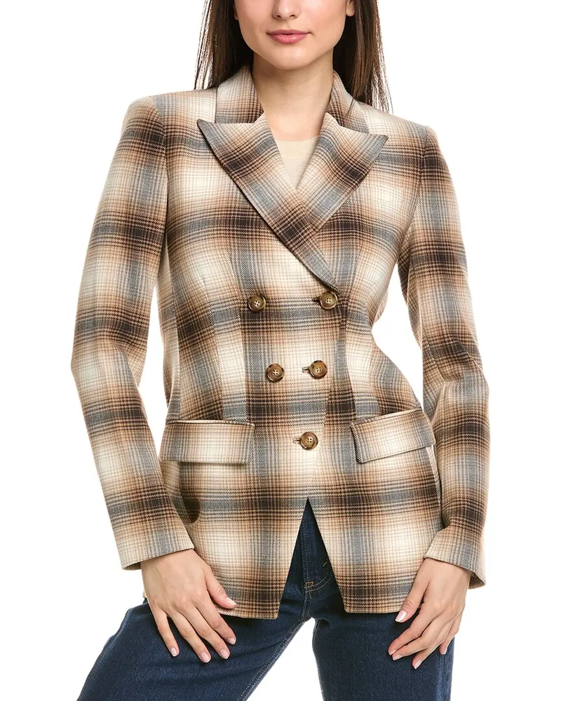 Elie Tahari Double-Breasted Ombre Plaid Wool-Blend Blazer Brown