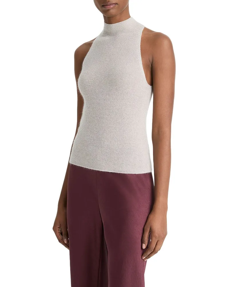 Vince Metallic Mock Neck Alpaca-Blend Tank Beige