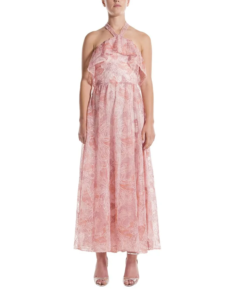 Monique Lhuillier Halter Ruffle Front Silk-Lined Cocktail Dress Nocolor