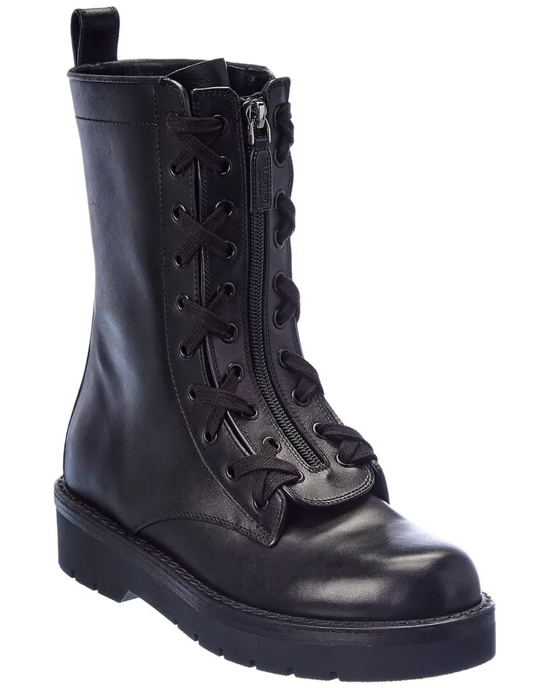 Valentino Garavani Rockstud Leather Combat Boot Black