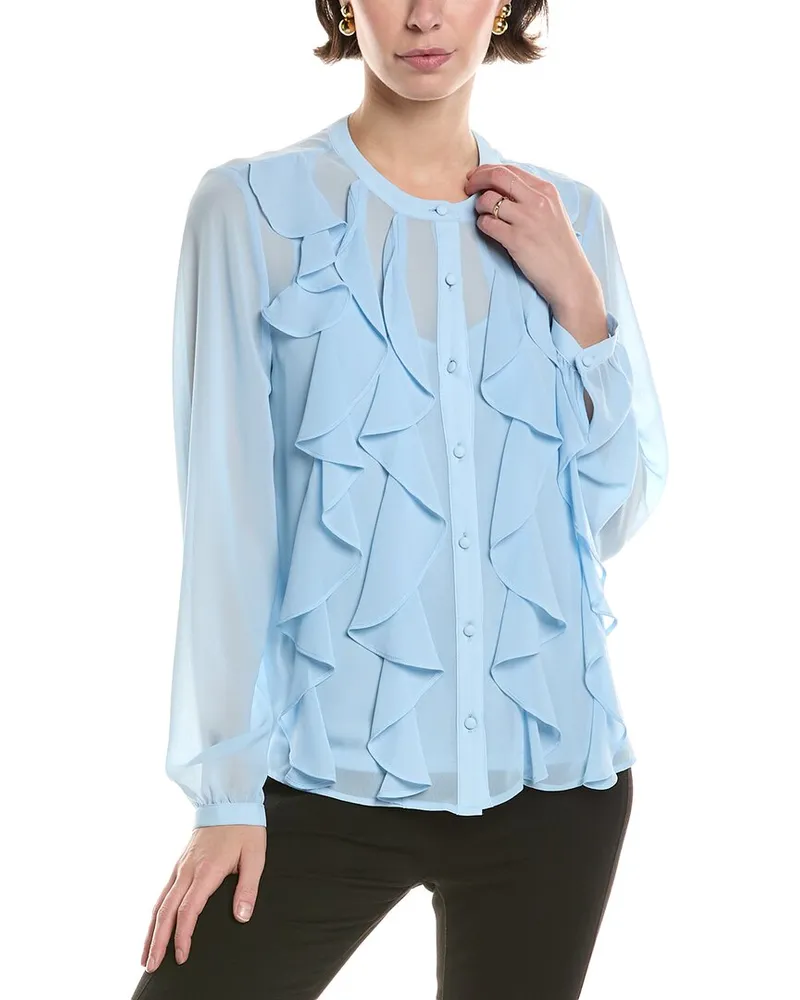 Anne Klein Ruffle Front Chiffon Blouse Blue