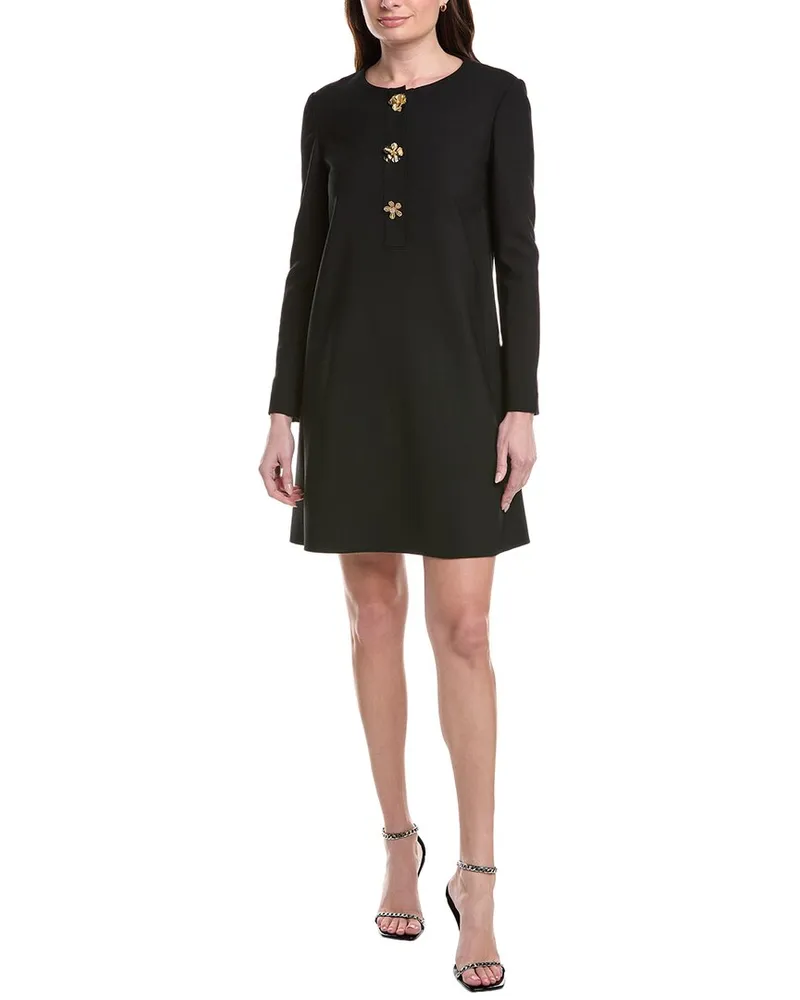 Oscar de la Renta Jewel Button Silk-Lined Wool-Blend Shift Dress Black