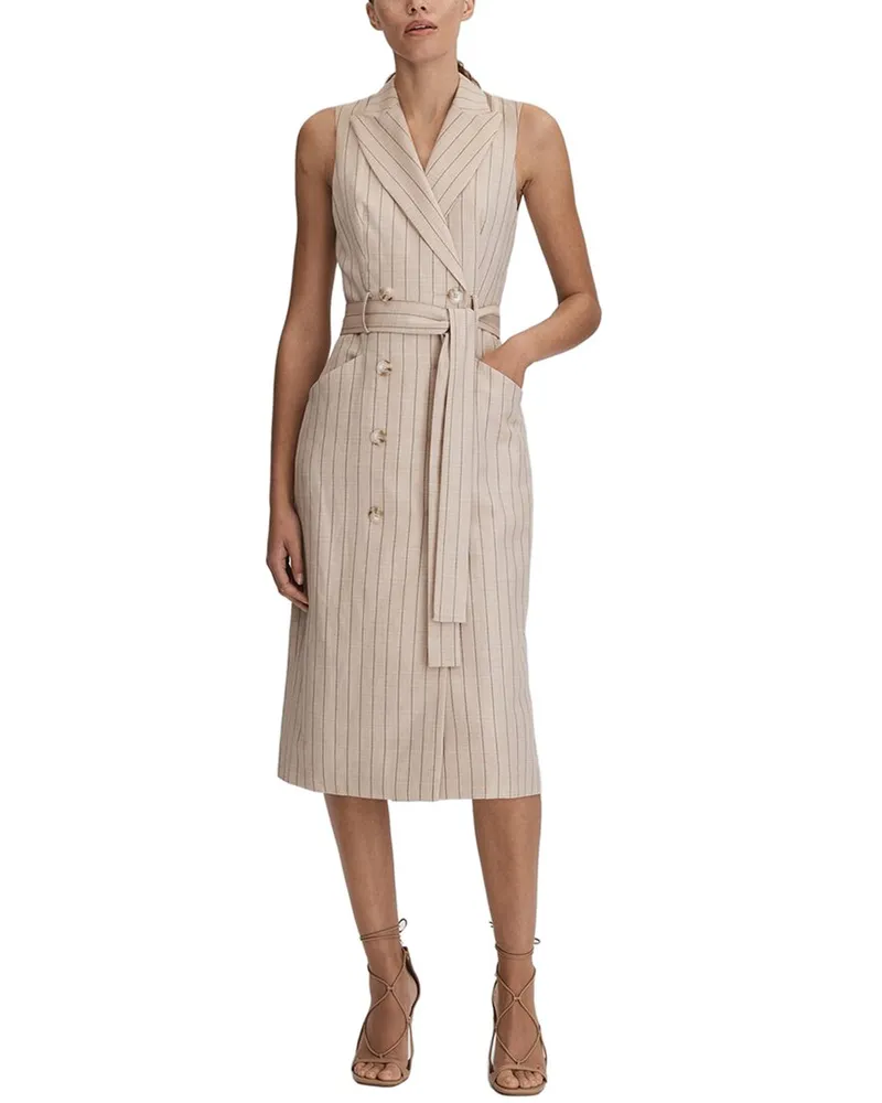 Reiss Andie Wool & Linen-Blend Pinstripe Midi Dress Beige