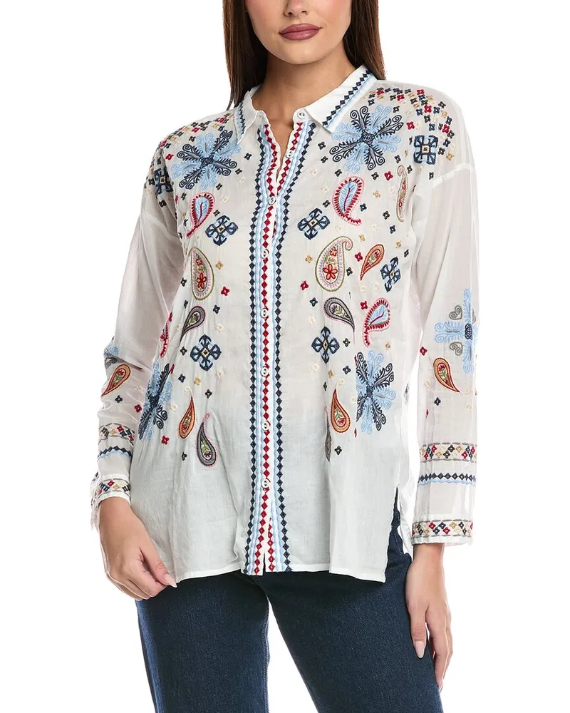 Johnny Was Slim Audrey Embroidered Shirt White