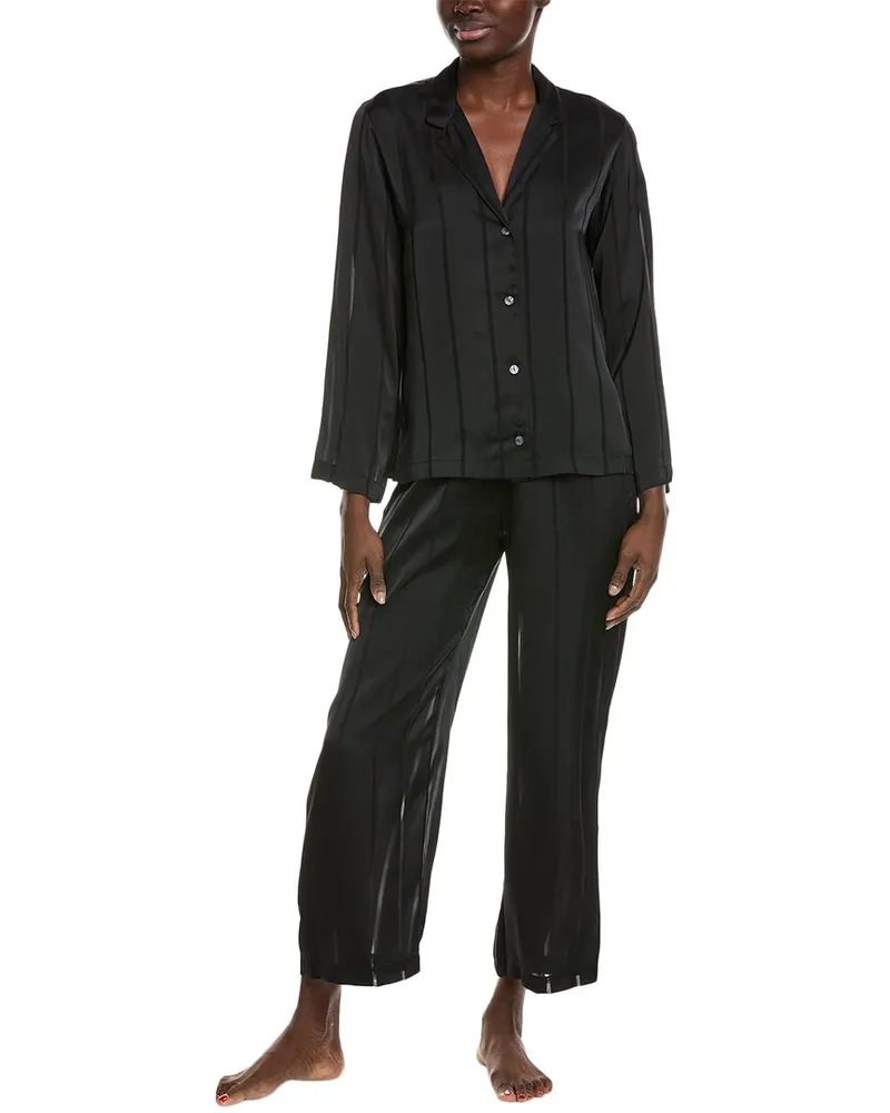 NATORI 2pc Sheer Stripe Jacquard Notch Pajama Set Black