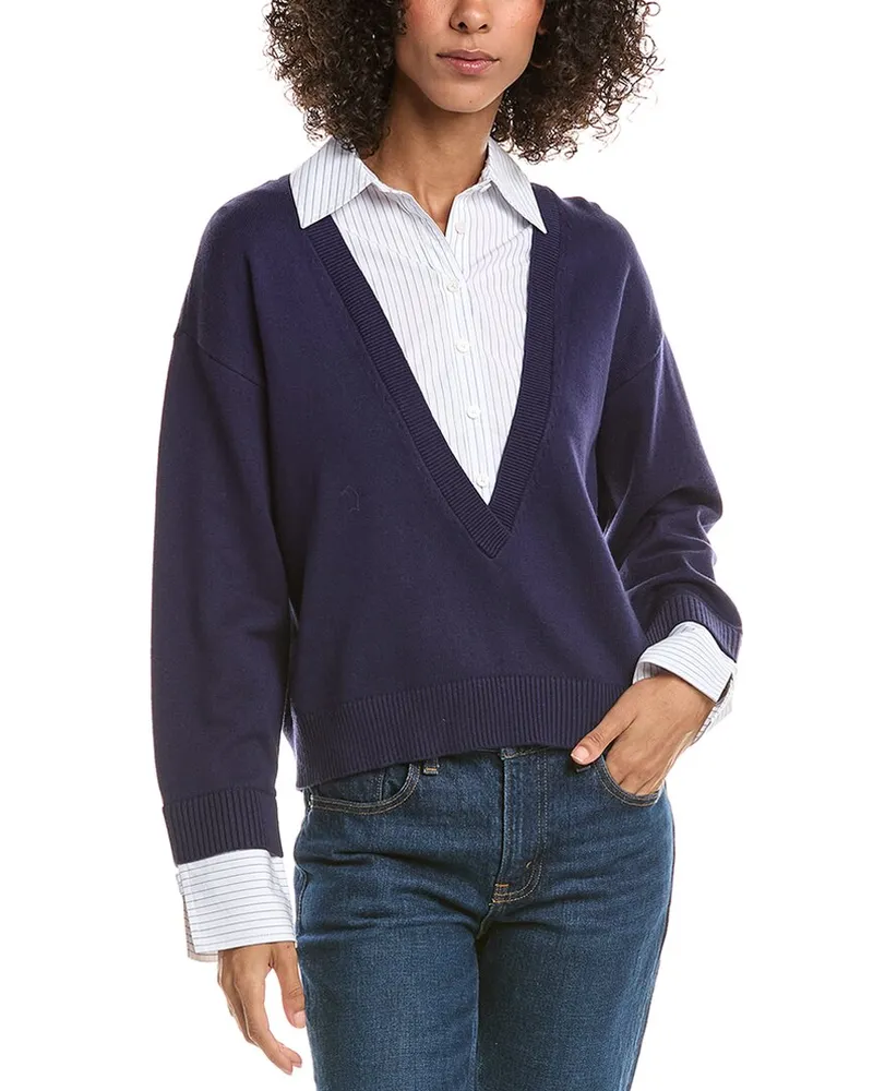 Derek Lam Rida Mixed Media Cashmere-Blend Sweater Navy