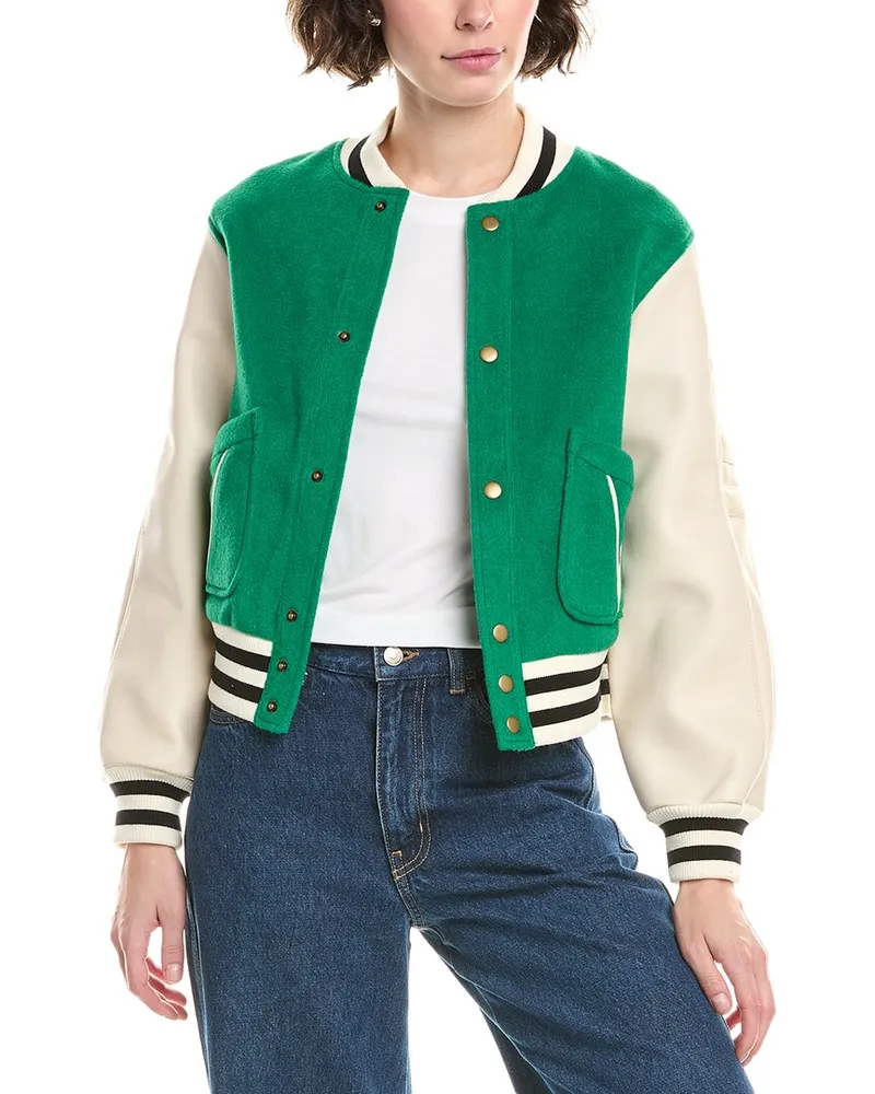 The Great Varsity Wool & Leather-Blend Bomber Jacket Green