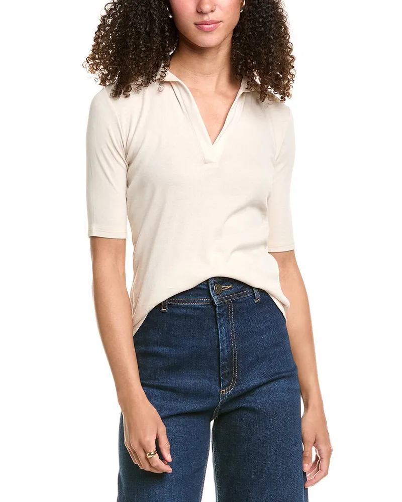 Vince Elbow-Sleeve Polo Shirt Beige