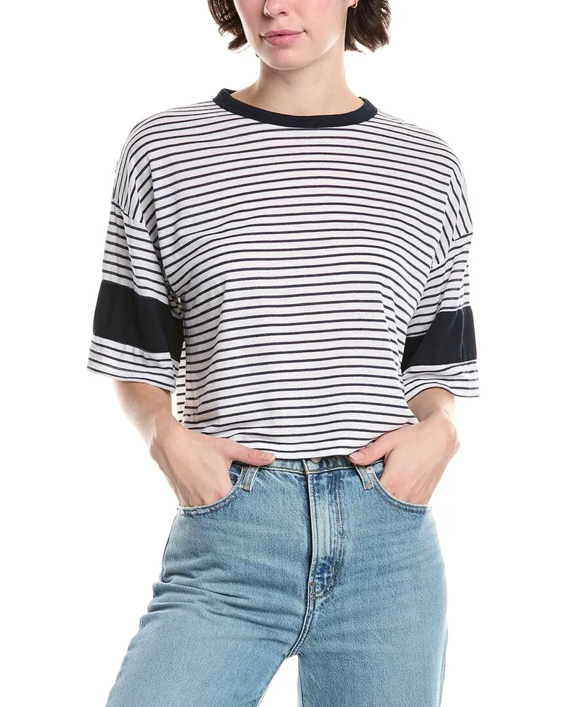 SUNDRY Boxy Blocked Linen-Blend T-Shirt Blue