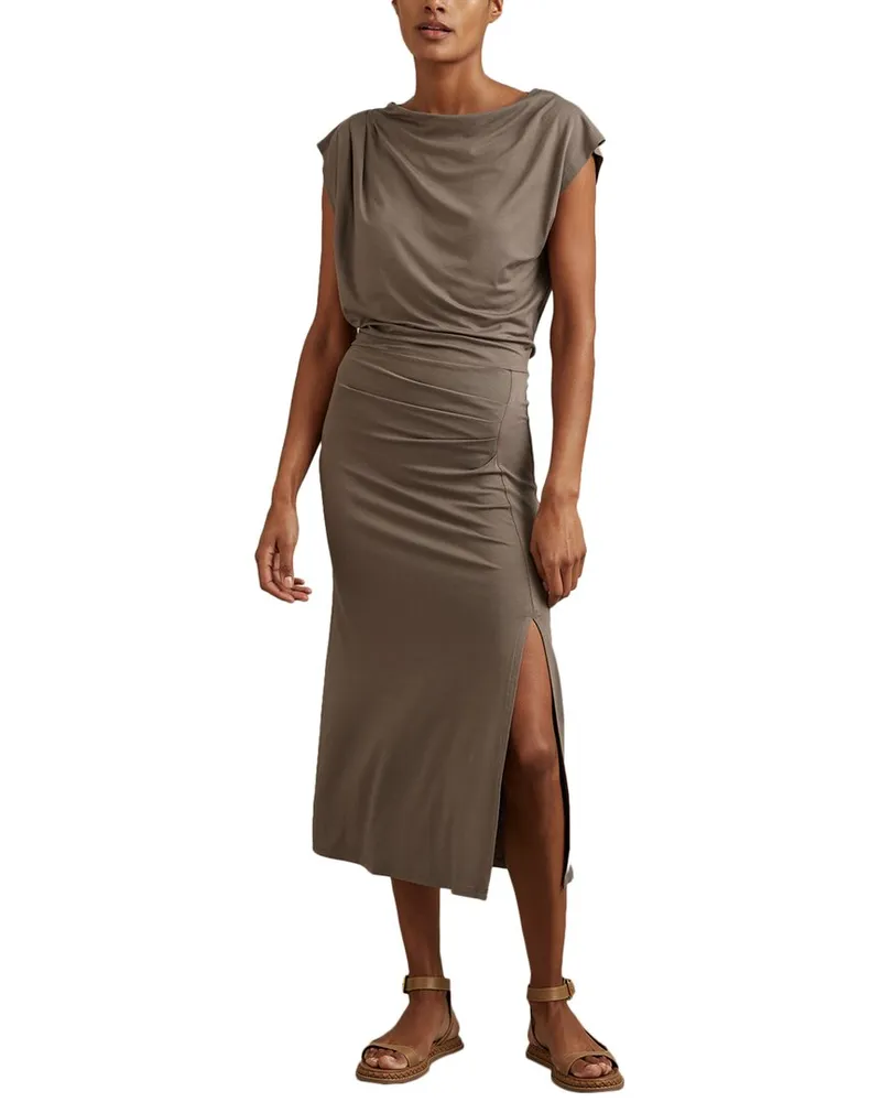 Reiss Leonore Ruched Detail Jersey Midi Dress Brown