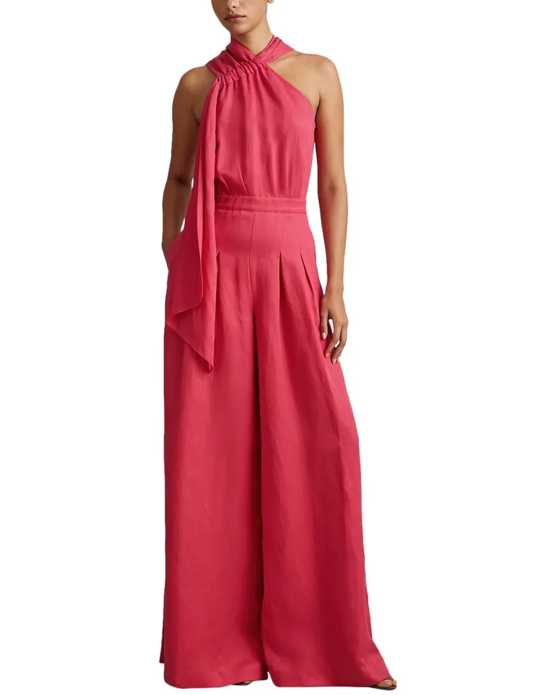 Reiss Selena Halter Linen-Blend Jumpsuit Red