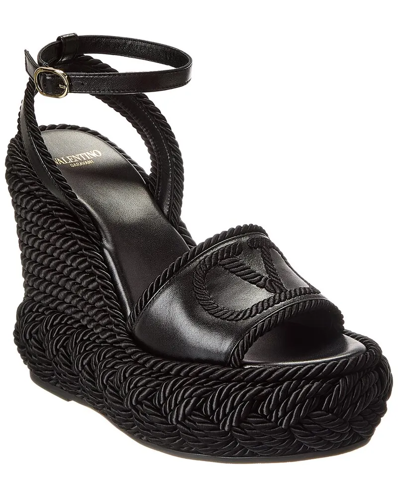Valentino Garavani VLogo Silk Torchon 130 Leather Wedge Sandal Black