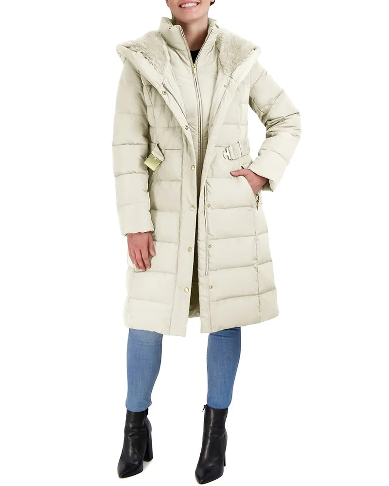 COLE HAAN Taffeta Down Belted Coat White