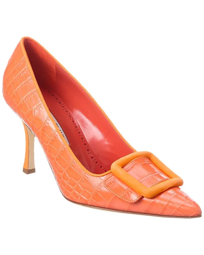 Manolo Blahnik Maysale 90 Croc-Embossed Leather & Suede Pump Orange