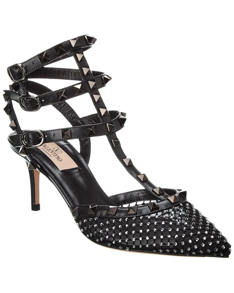 Valentino Garavani Rockstud Caged 65 Mesh & Leather Ankle Strap Pump Black