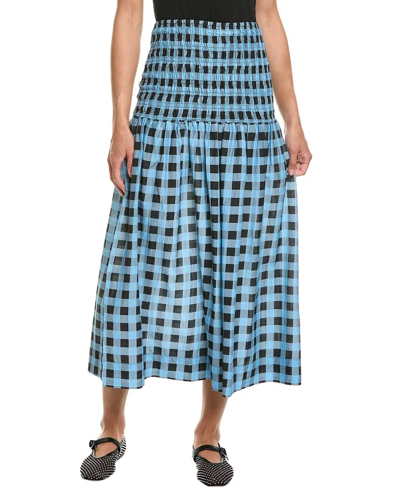 Ganni Smocked Silk-Blend Maxi Skirt Blue