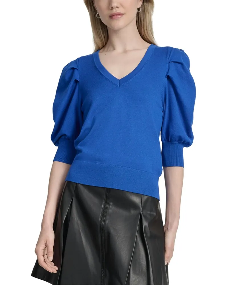DKNY V-Neck Puff Sleeve Sweater Blue