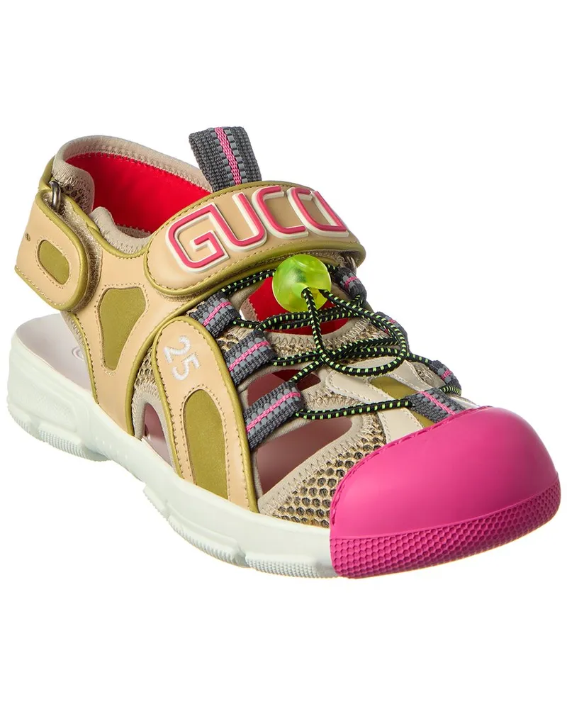 Gucci Logo Leather & Mesh Sandal Brown