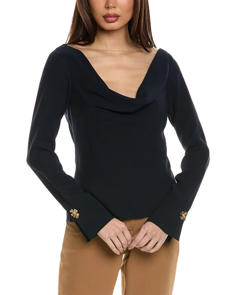 Oscar de la Renta Cowl Neck Silk-Blend Blouse Blue